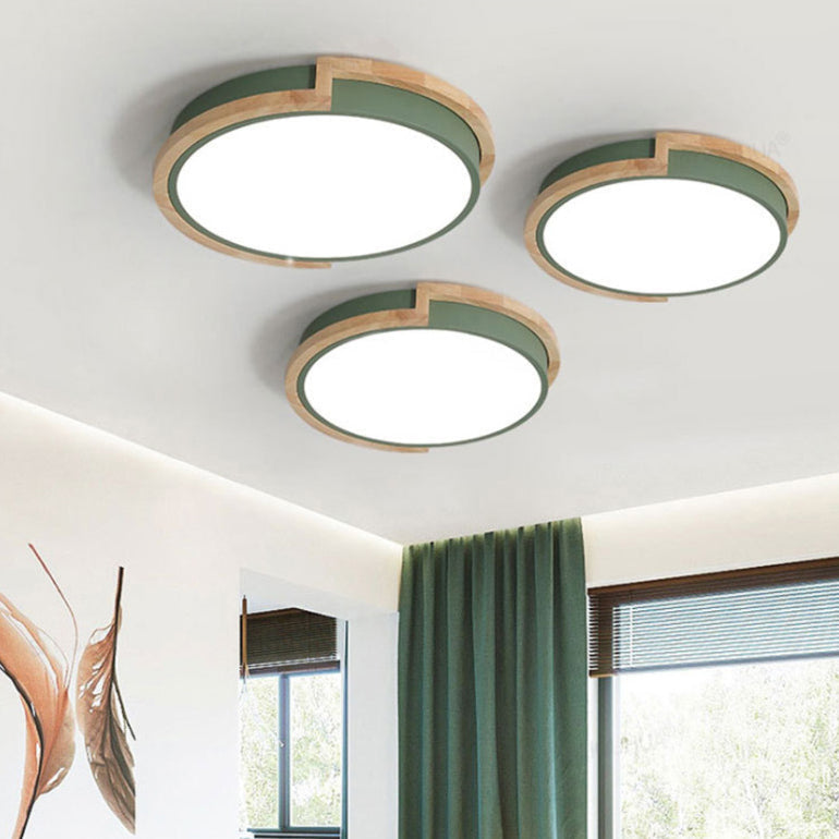 Contemporary Nordic Round Wood Iron Frame Acrylic Shade LED Flush Mount Ceiling Light For Bedroom Lumendat