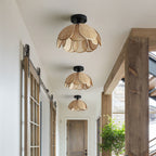 Traditional Japanese Round Petal Iron Rattan Woven Shade 1-light Semi-flush Mount Ceiling Light for Living Room