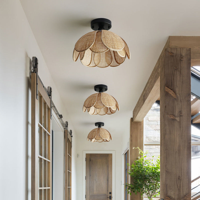 Traditional Japanese Round Petal Iron Rattan Woven Shade 1-light Semi-flush Mount Ceiling Light for Living Room