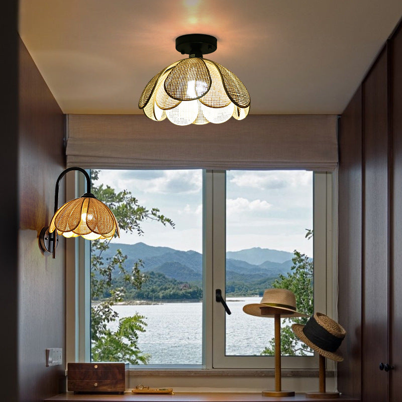 Traditional Japanese Round Petal Iron Rattan Woven Shade 1-light Semi-flush Mount Ceiling Light for Living Room
