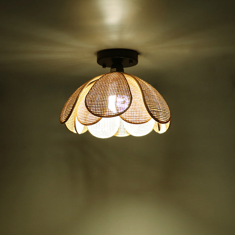 Traditional Japanese Round Petal Iron Rattan Woven Shade 1-light Semi-flush Mount Ceiling Light for Living Room