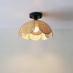 Traditional Japanese Round Petal Iron Rattan Woven Shade 1-light Semi-flush Mount Ceiling Light for Living Room