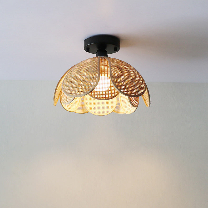 Traditional Japanese Round Petal Iron Rattan Woven Shade 1-light Semi-flush Mount Ceiling Light for Living Room