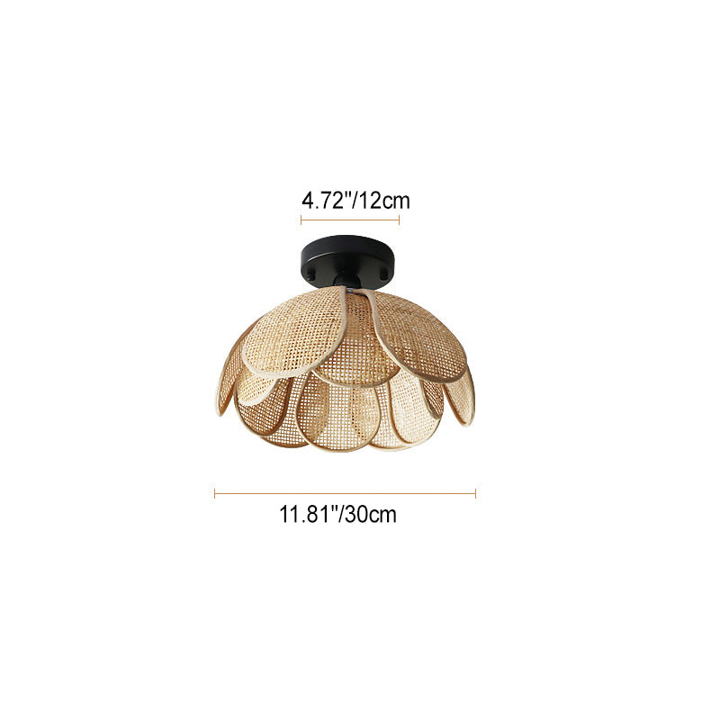 Traditional Japanese Round Petal Iron Rattan Woven Shade 1-light Semi-flush Mount Ceiling Light for Living Room