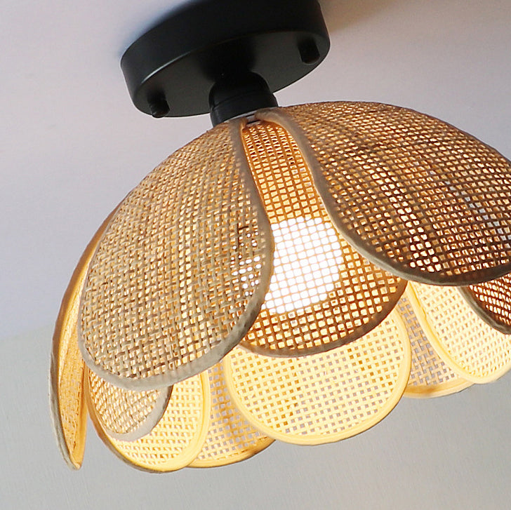 Traditional Japanese Round Petal Iron Rattan Woven Shade 1-light Semi-flush Mount Ceiling Light for Living Room