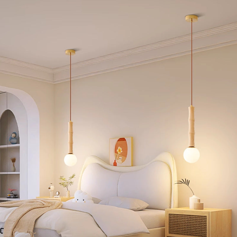 Contemporary Retro Cylinder Bamboo Shape Solid Wood 1-Light Pendant Light For Living Room