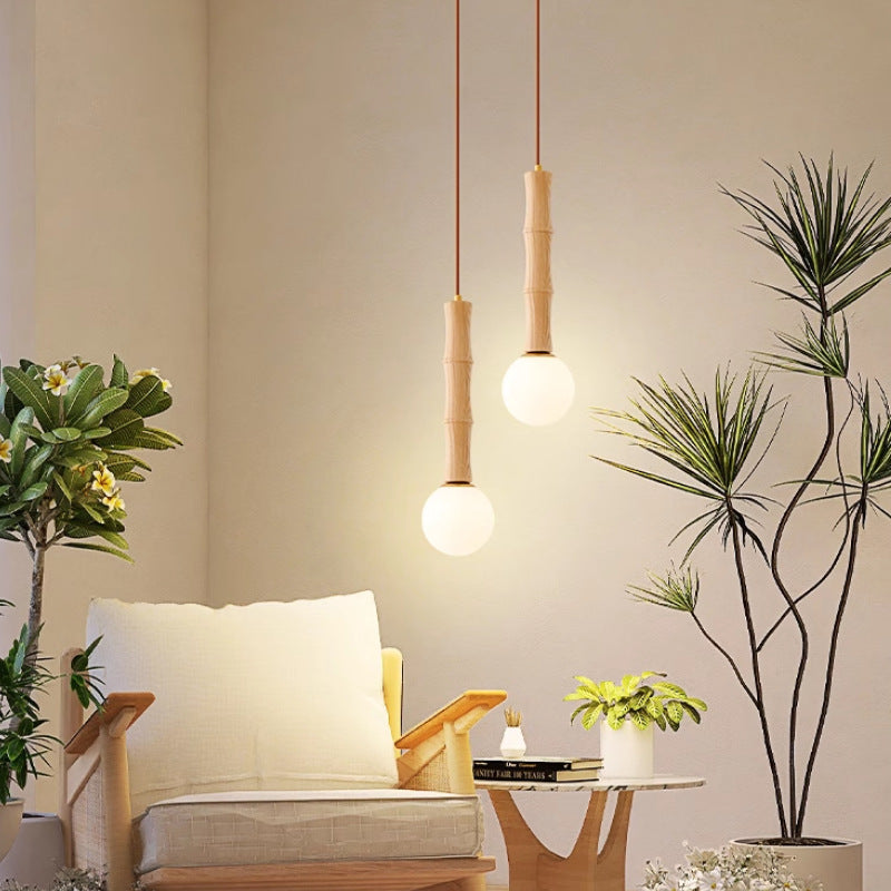 Contemporary Retro Cylinder Bamboo Shape Solid Wood 1-Light Pendant Light For Living Room