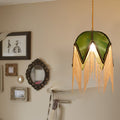 Contemporary Retro Leaf Umbrella Shape Tassel Iron Fabric 1-Light Pendant Light For Living Room