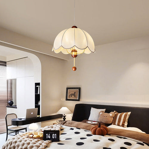 Traditional Vintage Round Dome Floral Print Full Copper Fabric Shade 3-Light Pendant Light For Living Room