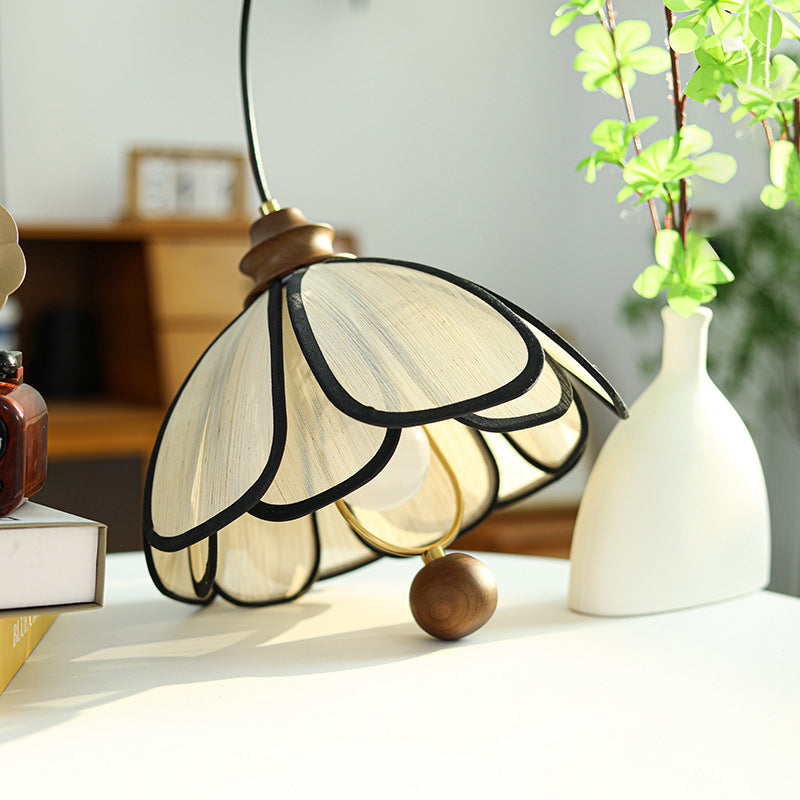Traditional French Petal Round Wooden Iron Fabric 1-Light Pendant Light For Living Room