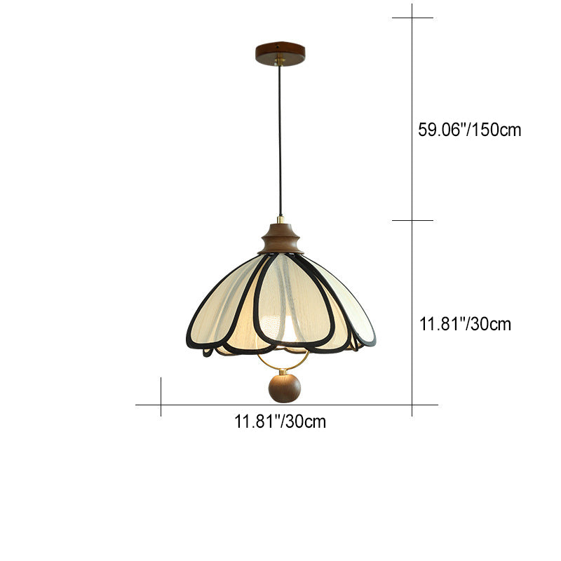 Traditional French Petal Round Wooden Iron Fabric 1-Light Pendant Light For Living Room