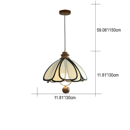 Traditional French Petal Round Wooden Iron Fabric 1-Light Pendant Light For Living Room