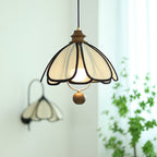 Traditional French Petal Round Wooden Iron Fabric 1-Light Pendant Light For Living Room
