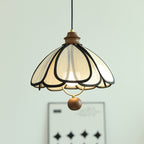 Traditional French Petal Round Wooden Iron Fabric 1-Light Pendant Light For Living Room