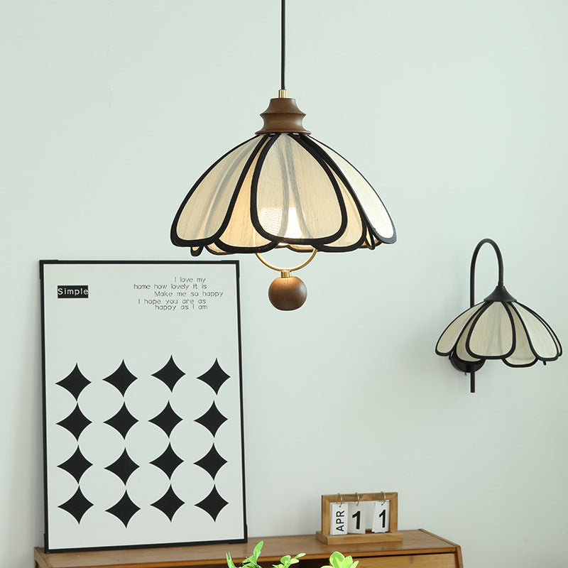 Traditional French Petal Round Wooden Iron Fabric 1-Light Pendant Light For Living Room