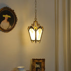Traditional French Quadrilateral Lace Ice Glass Full Brass 1-Light Pendant Light For Living Room