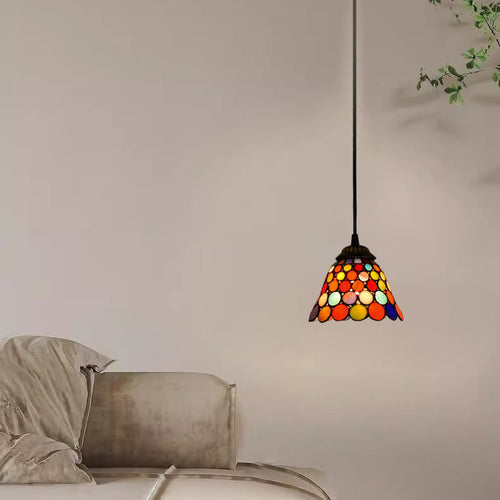 Traditional Tiffany Polka Dot Cone Iron Stained Glass 1-Light Pendant Light For Bedroom
