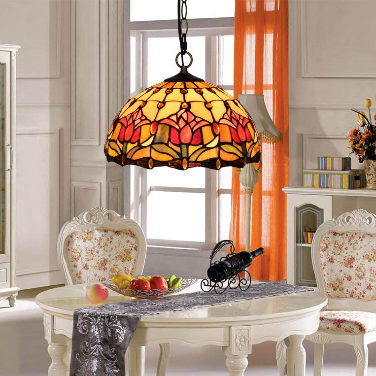 Traditional Tiffany Dome Flower Stained Glass Shade Iron 1-Light Pendant Light For Living Room