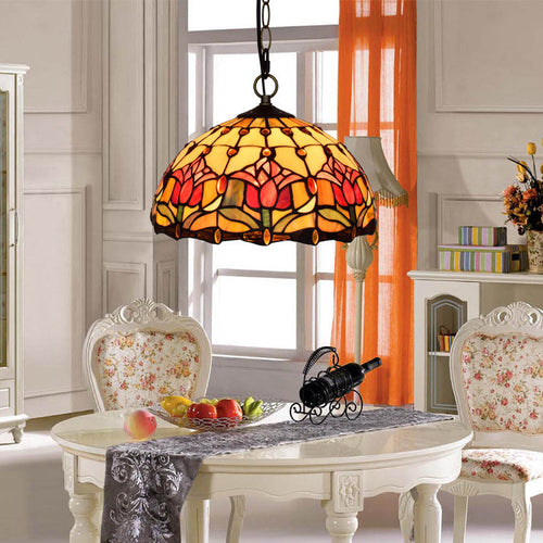 Traditional Tiffany Dome Flower Stained Glass Shade Iron 1-Light Pendant Light For Living Room