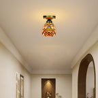 Traditional Tiffany Cone Flower Colored Glass Shade Iron 1-light Semi-flush Mount Ceiling Light for Living Room