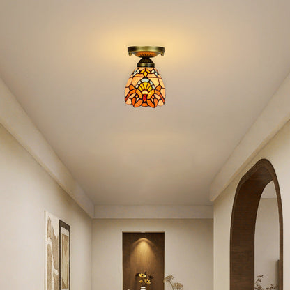 Traditional Tiffany Cone Flower Colored Glass Shade Iron 1-light Semi-flush Mount Ceiling Light for Living Room