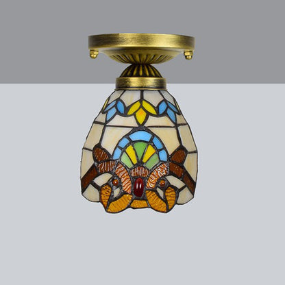 Traditional Tiffany Cone Flower Colored Glass Shade Iron 1-light Semi-flush Mount Ceiling Light for Living Room