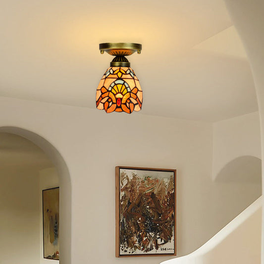 Traditional Tiffany Cone Flower Colored Glass Shade Iron 1-light Semi-flush Mount Ceiling Light for Living Room