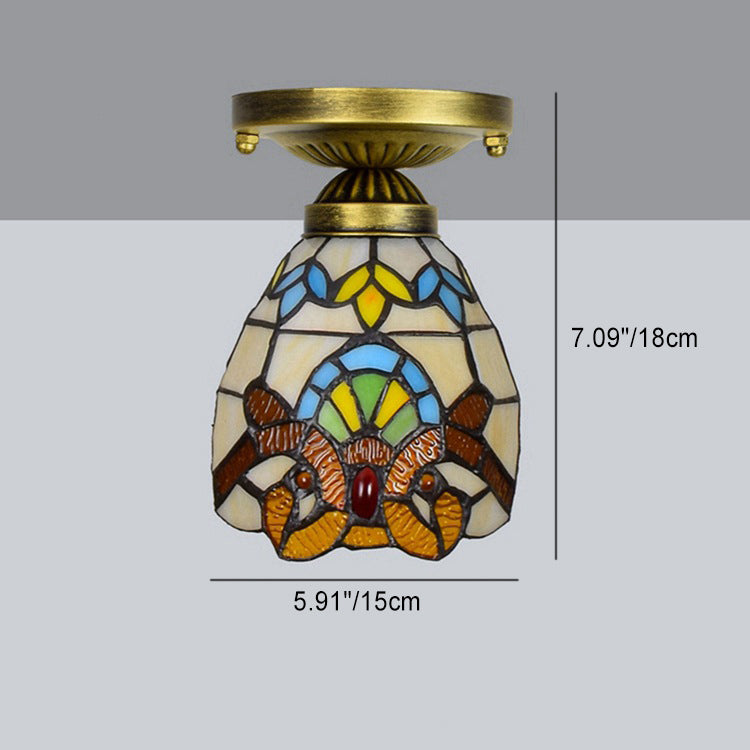 Traditional Tiffany Cone Flower Colored Glass Shade Iron 1-light Semi-flush Mount Ceiling Light for Living Room