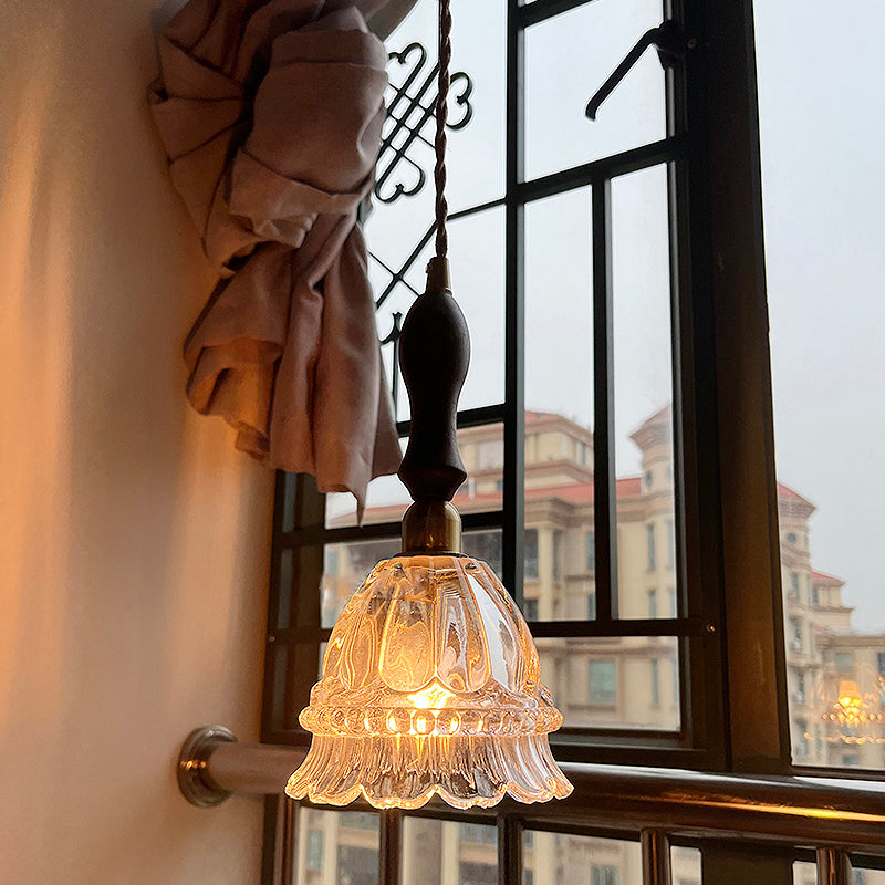 Traditional Vintage Round Flower Shape Glass Shade Wooden Iron 1-Light Pendant Light For Living Room