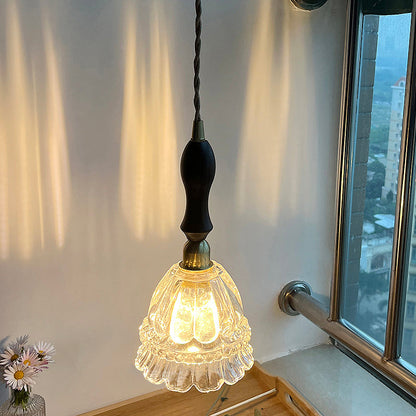 Traditional Vintage Round Flower Shape Glass Shade Wooden Iron 1-Light Pendant Light For Living Room