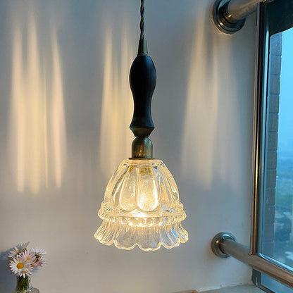 Traditional Vintage Round Flower Shape Glass Shade Wooden Iron 1-Light Pendant Light For Living Room