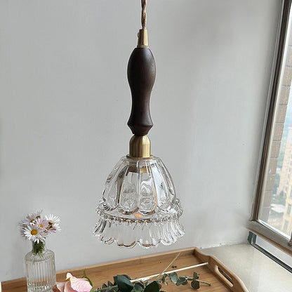 Traditional Vintage Round Flower Shape Glass Shade Wooden Iron 1-Light Pendant Light For Living Room
