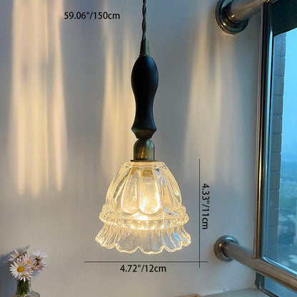 Traditional Vintage Round Flower Shape Glass Shade Wooden Iron 1-Light Pendant Light For Living Room