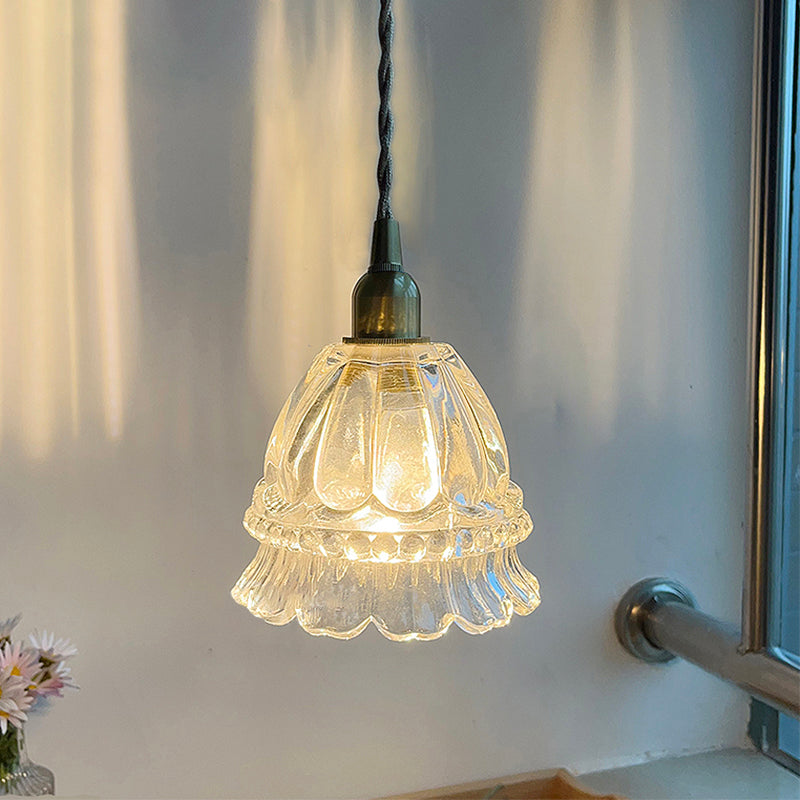 Traditional Vintage Round Flower Shape Glass Shade Wooden Iron 1-Light Pendant Light For Living Room