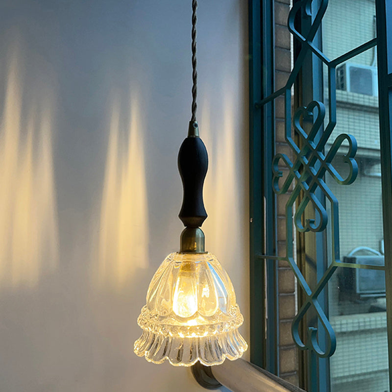 Traditional Vintage Round Flower Shape Glass Shade Wooden Iron 1-Light Pendant Light For Living Room