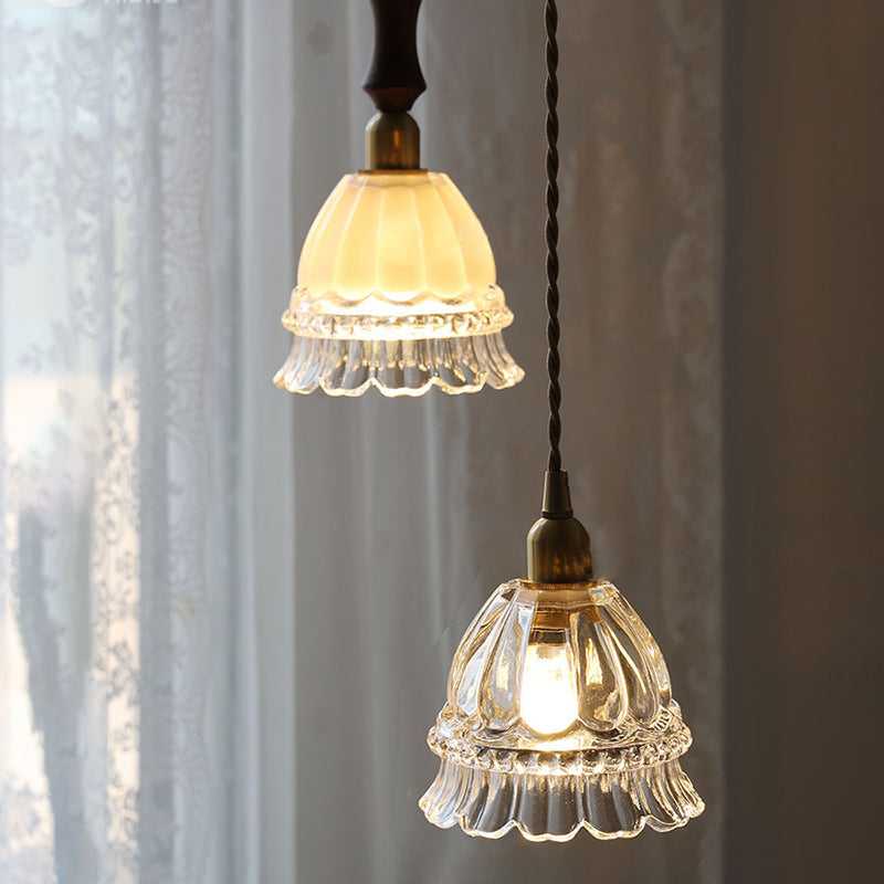 Traditional Vintage Round Flower Shape Glass Shade Wooden Iron 1-Light Pendant Light For Living Room
