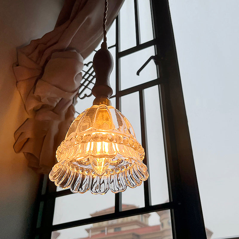 Traditional Vintage Round Flower Shape Glass Shade Wooden Iron 1-Light Pendant Light For Living Room