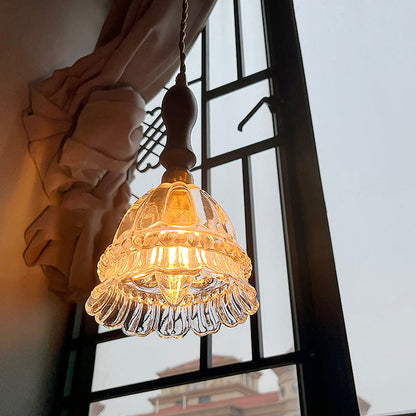 Traditional Vintage Round Flower Shape Glass Shade Wooden Iron 1-Light Pendant Light For Living Room