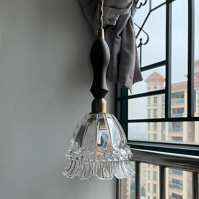 Traditional Vintage Round Flower Shape Glass Shade Wooden Iron 1-Light Pendant Light For Living Room