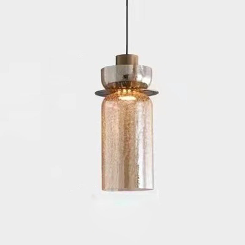 Contemporary Luxury Round Cylinder Crackle Glass Hardware LED Pendant Light For Living Room