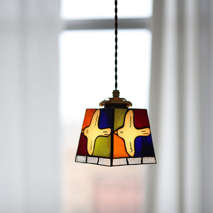 Traditional Vintage Square Peace Dove Copper Glass 1-Light Pendant Light For Living Room