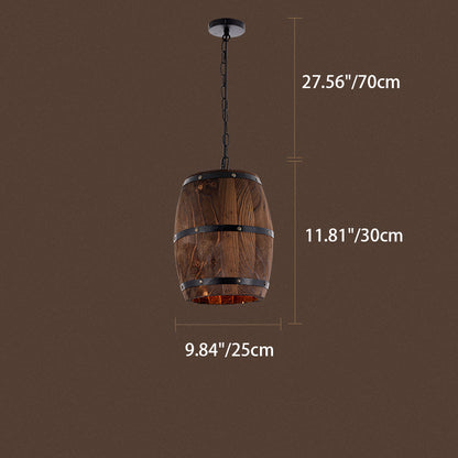 Traditional Rustic Barrel Wood Iron 1-Light Pendant Light For Dining Room