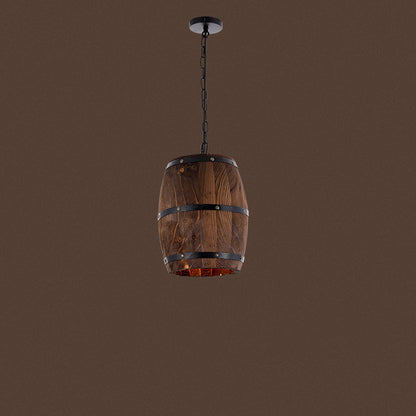 Traditional Rustic Barrel Wood Iron 1-Light Pendant Light For Dining Room