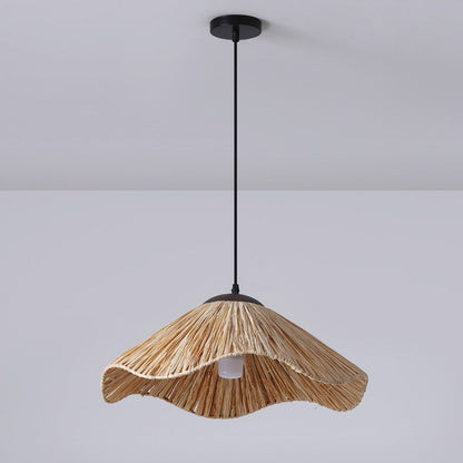 Traditional Rustic Round Wave Iron Straw 1-Light Pendant Light For Living Room