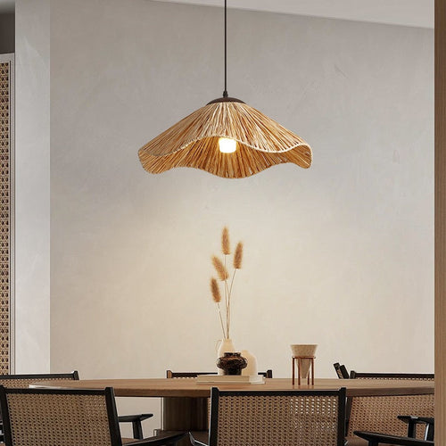 Traditional Rustic Round Wave Iron Straw 1-Light Pendant Light For Living Room