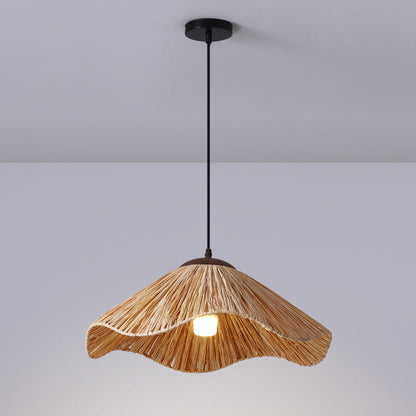 Traditional Rustic Round Wave Iron Straw 1-Light Pendant Light For Living Room