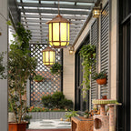 Traditional Chinese Round Lantern Aluminum Iron Glass 1-light Pendant Light for Outdoor Patio BulbSquare