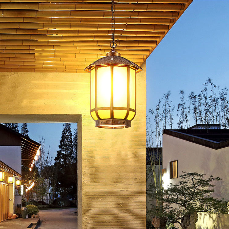 Traditional Chinese Round Lantern Aluminum Iron Glass 1-light Pendant Light for Outdoor Patio BulbSquare