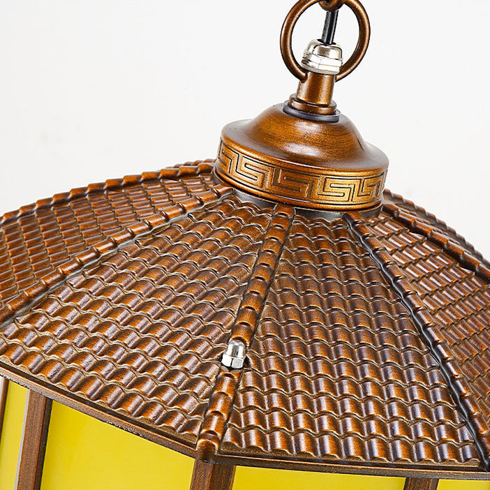 Traditional Chinese Round Lantern Aluminum Iron Glass 1-light Pendant Light for Outdoor Patio BulbSquare