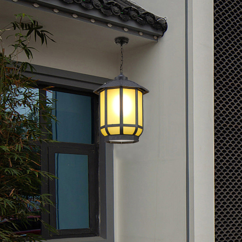 Traditional Chinese Round Lantern Aluminum Iron Glass 1-light Pendant Light for Outdoor Patio BulbSquare